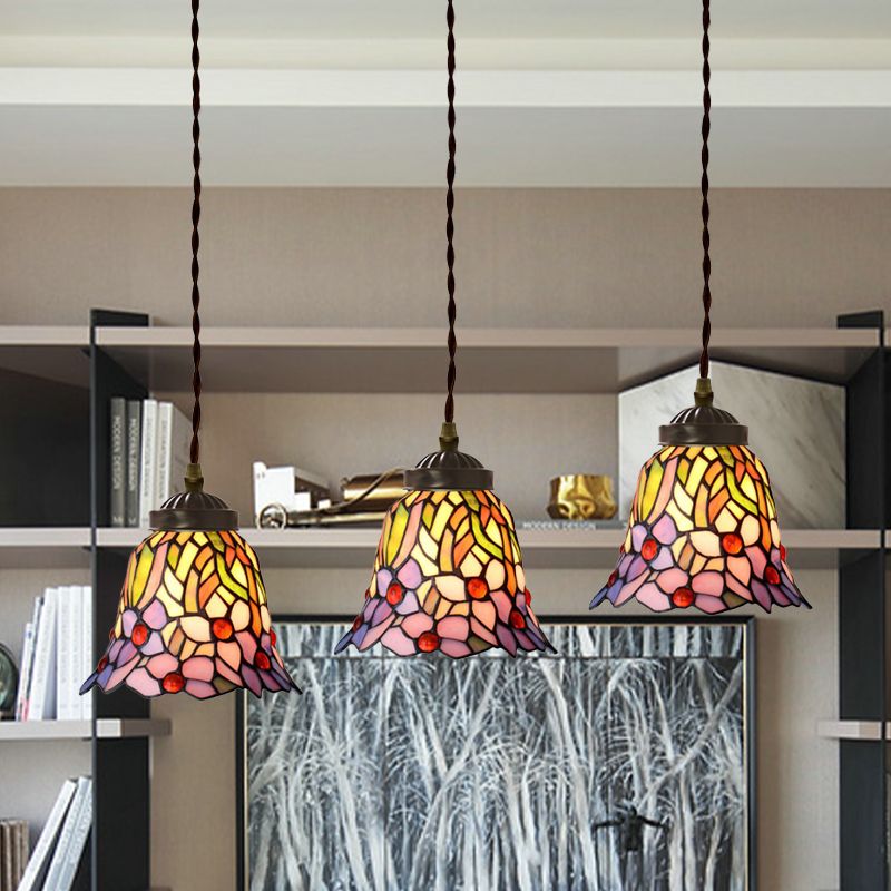 3-Light Dining Room Multi Pendant Light Mediterranean Pink/Blue/Green Hanging Lamp with Flared/Dome Stained Glass Shade