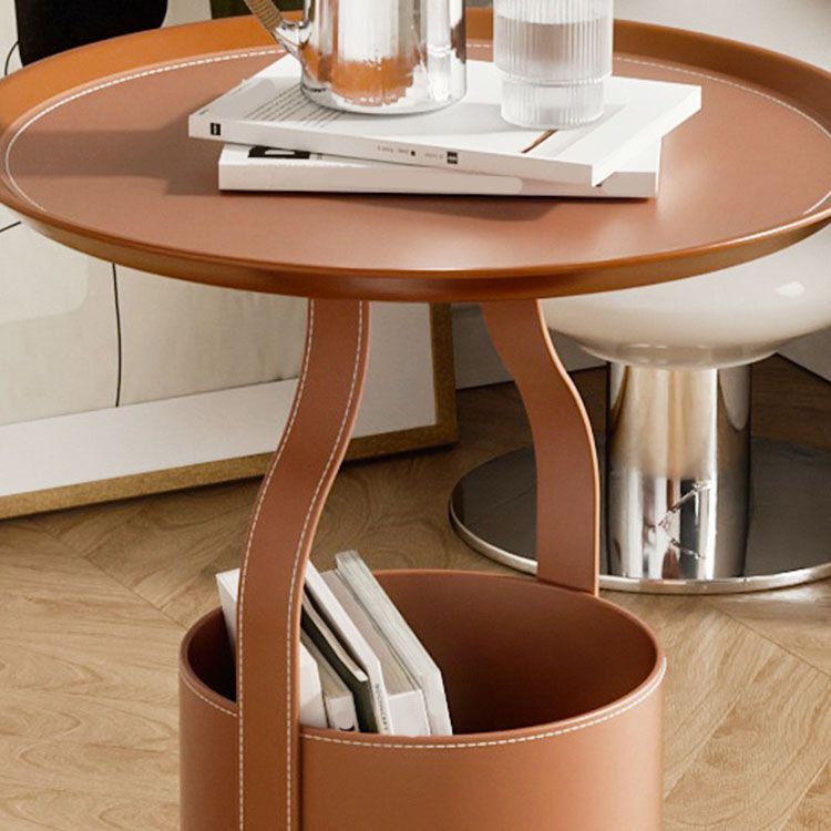 Metal Round Tray Top Side Table 20.9" Tall Leather Pedestal End Table with Storage