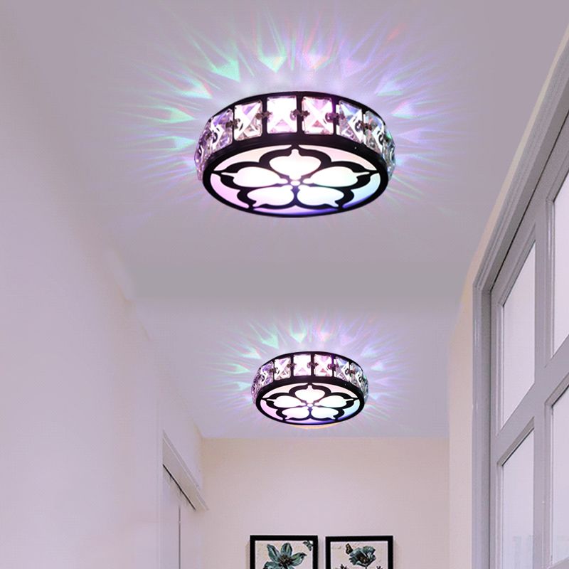 3" Wide Drum Hallway LED Flush Mount Faceted Crystal Contemporary Ceiling Fixture in Black, Warm/White/Multi Color Light