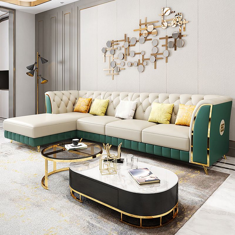 Genuine Leather Luxurious Sectional Tufted Back Sofa & Chaise with 5 Pillows