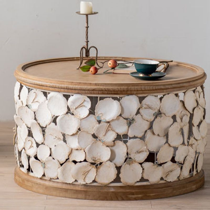 Rustic Solid Wood Round Top Distressed Drum End Table with Metal Base