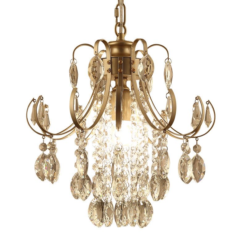 Bent Arm Suspension Lighting Simplicity Crystal Strand 1 Head Black/Gold Finish Hanging Ceiling Light