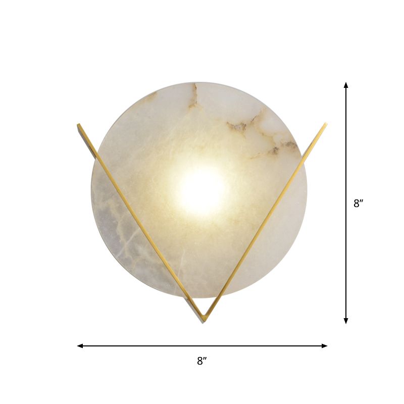 Post-Modern Round Panel Wall Light Sconce Marble 1 Head Bedside Wall Mounted Lamp Fixture with Brass V Deco
