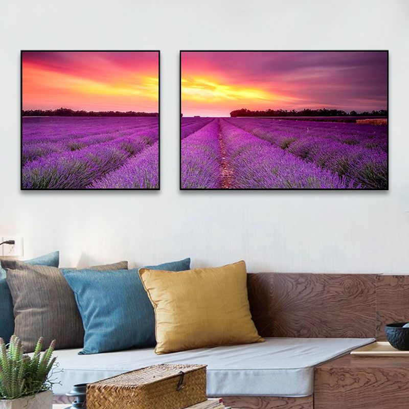 Lavender Field Wall Art Modern Enticing Nature Scenery Canvas Print in Purple for Room