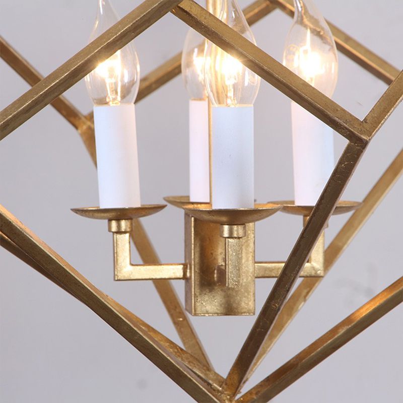 4 Lights Metal Pendant Chandelier Classic Gold Rhombus Living Room Hanging Ceiling Fixture with Candle Shade