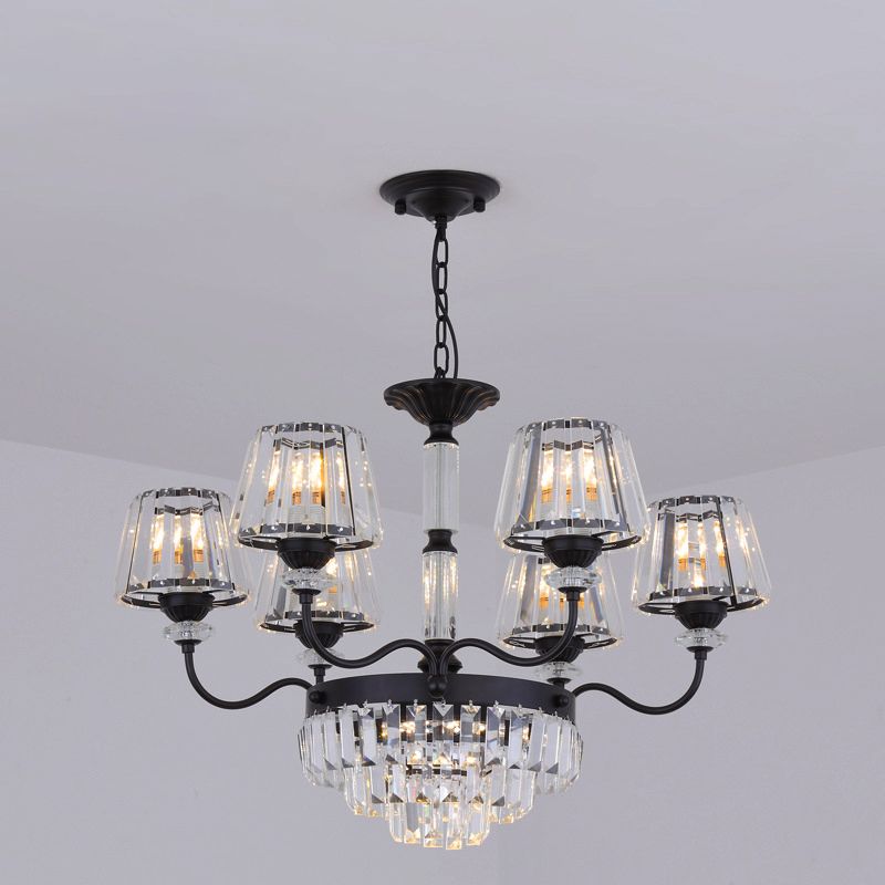 K9 Crystal Tapered Ceiling Light Simple 9 Heads Dining Room Chandelier Lighting Fixture in Black
