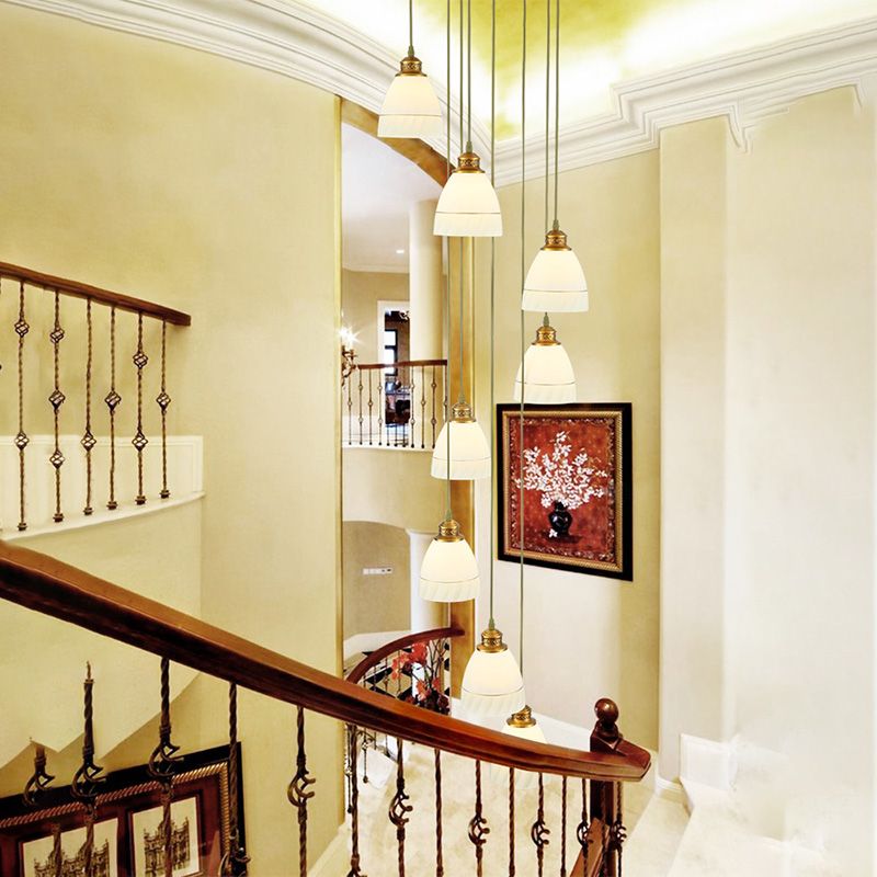 8-Head Pendant Lighting Modernism Stair Multi Ceiling Light with Bell/Dome White Glass Shade