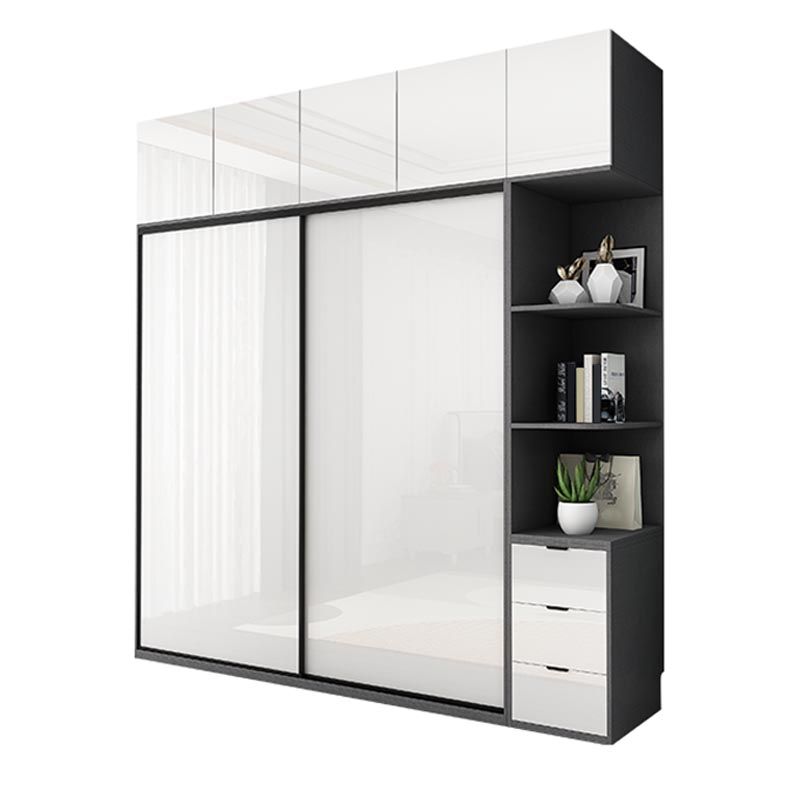 White Mirrored Finish Wardrobe Armoire Engineered Wood Wardrobe with Drawer