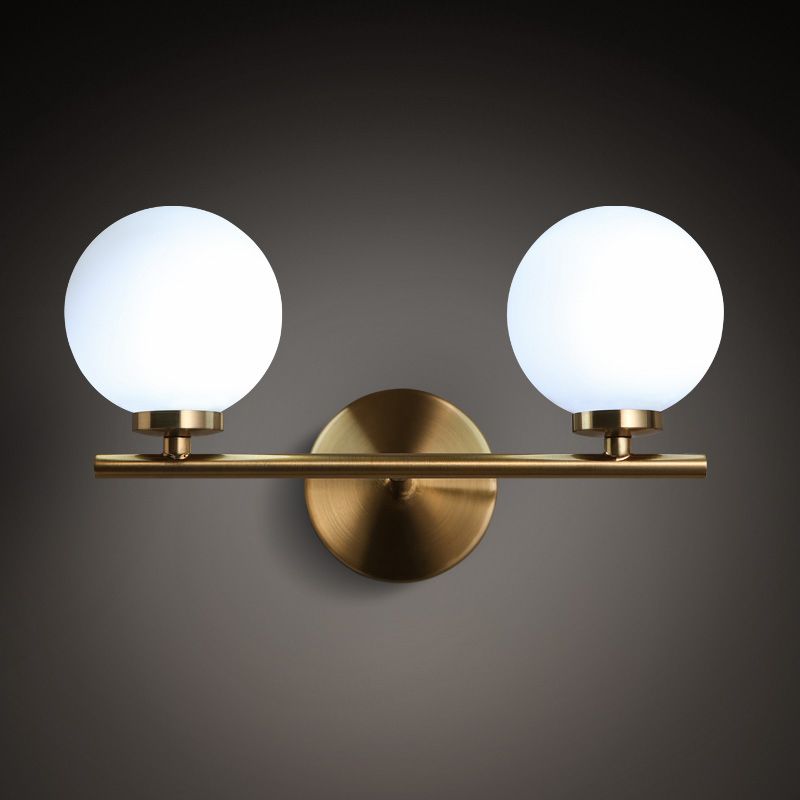 2 Bulbs Bedside Wall Lamp Modern Gold Sconce Light Fixture with Ball Milky Glass Shade