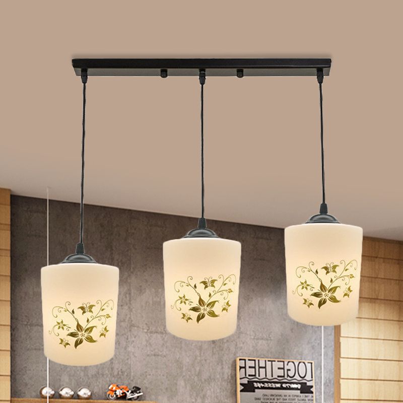 Cylinder Dining Room Multi Ceiling Light Modern White Printed Glass 3-Head Black Hanging Pendant with Linear/Round Canopy