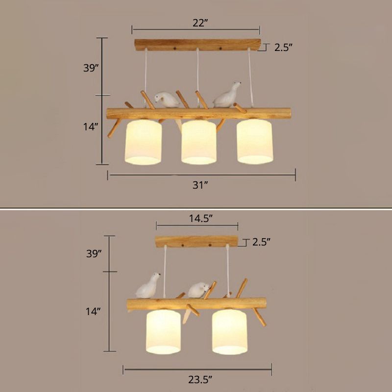 Opal Glass Cylinder Pendant Light Nordic Wood Island Light with Resin Bird Decor