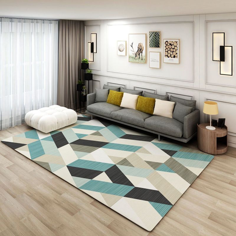 Fancy Modern Rug Blue Geometric Pattern Polyester Area Carpet Non-Slip Backing Rug for Living Room