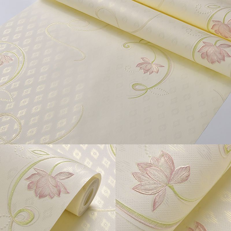 Rural Flower Lotus Wallpaper Roll Soft Color Stain Resistant Wall Art for Bedroom