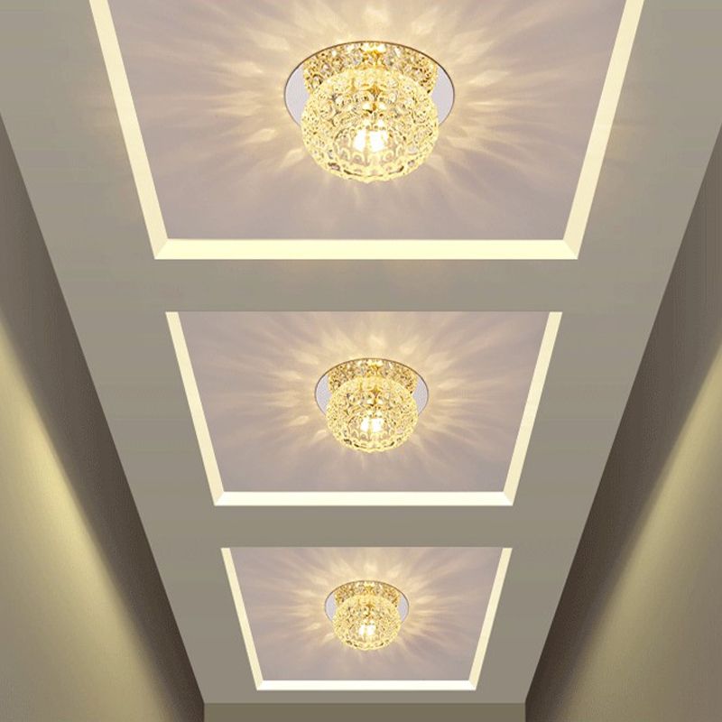 Clear Crystal Round Ceiling Lighting Modern LED Flush Mount Light in Chrome for Corridor