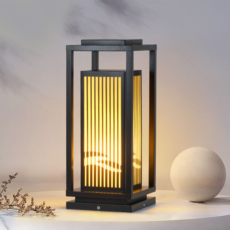 Rectangle Solar Pillar Lamp Contemporary Metal Outdoor Waterproof Light in Black