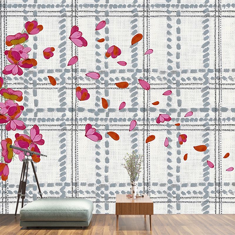 Stain Resistant Wallpaper Mural Modernist Non-Woven Wall Art with Tartan and Scattered Flower Pattern