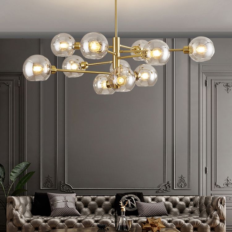 Full Copper Molecular Styling Chandelier Transparent Glass Orb Nordic Simplicity Lighting Fixture in Gold