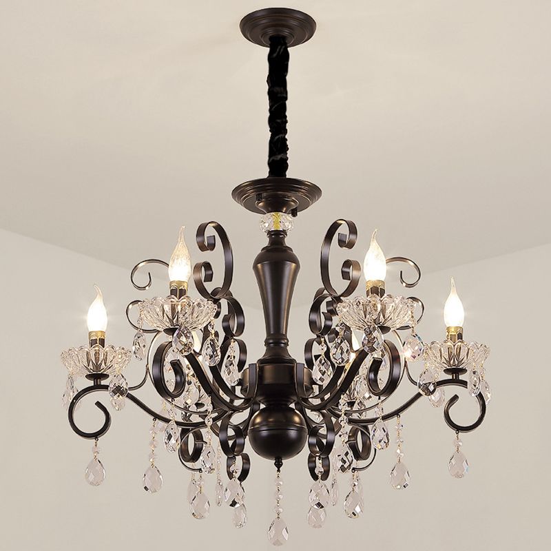 Black American Rustic Style Large Chandelier Vintage Candlestick Design Metal Pendant Light with Crystal Drops
