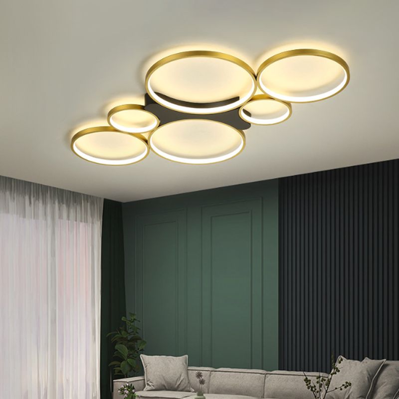 Lámpara de techo circular/cuadrada para salón, metal, 6 luces, montaje empotrado contemporáneo, en negro/dorado, luz blanca/cálida