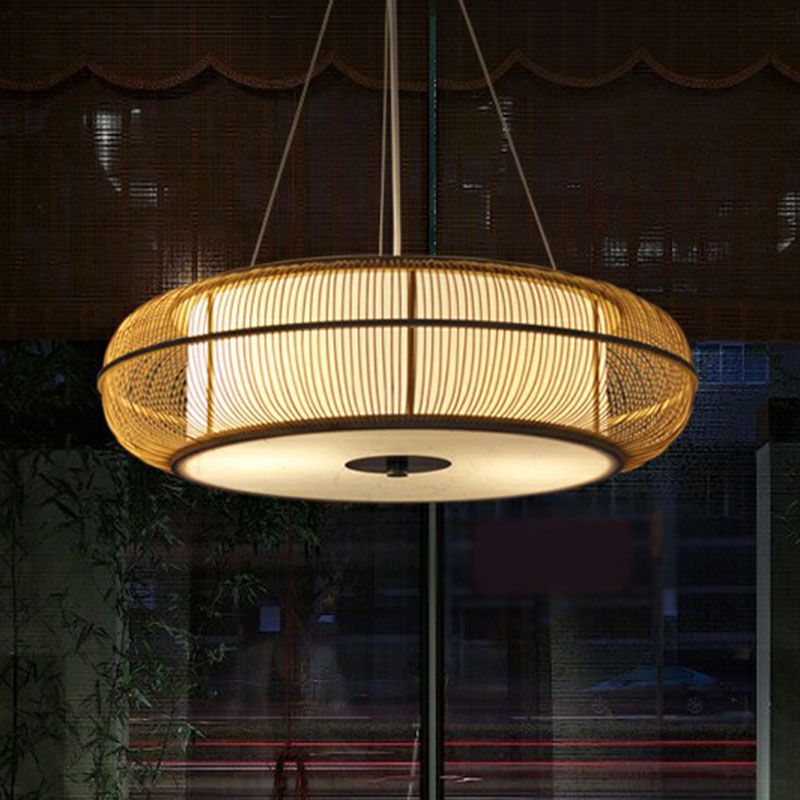 Curved Drum Suspension Light South-east Asian Bamboo Tea Room Chandelier Lighting