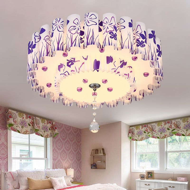 Dual-Layered Acrylic Flushmount Countryside LED Restaurant Ceiling Lamp with Crystal Ball in Pink/Purple