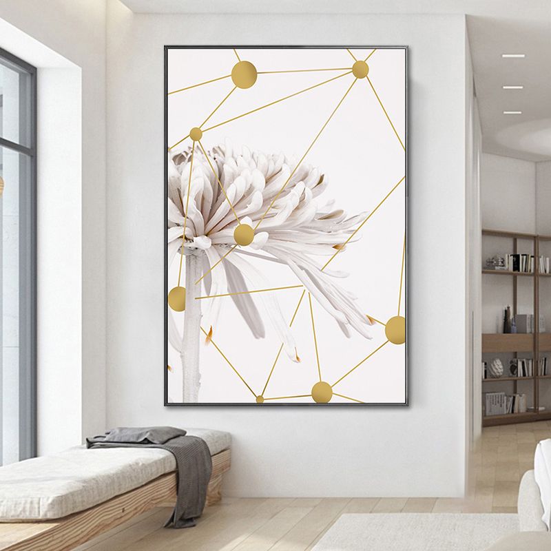 Modern Blooming Chrysanths Art Print White and Gold Geometric Canvas for Living Room