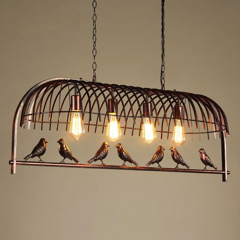 Industrial Bird Cage Pendant Light Iron Hanging Island Light with Ivy Decor in Rust for Restaurant
