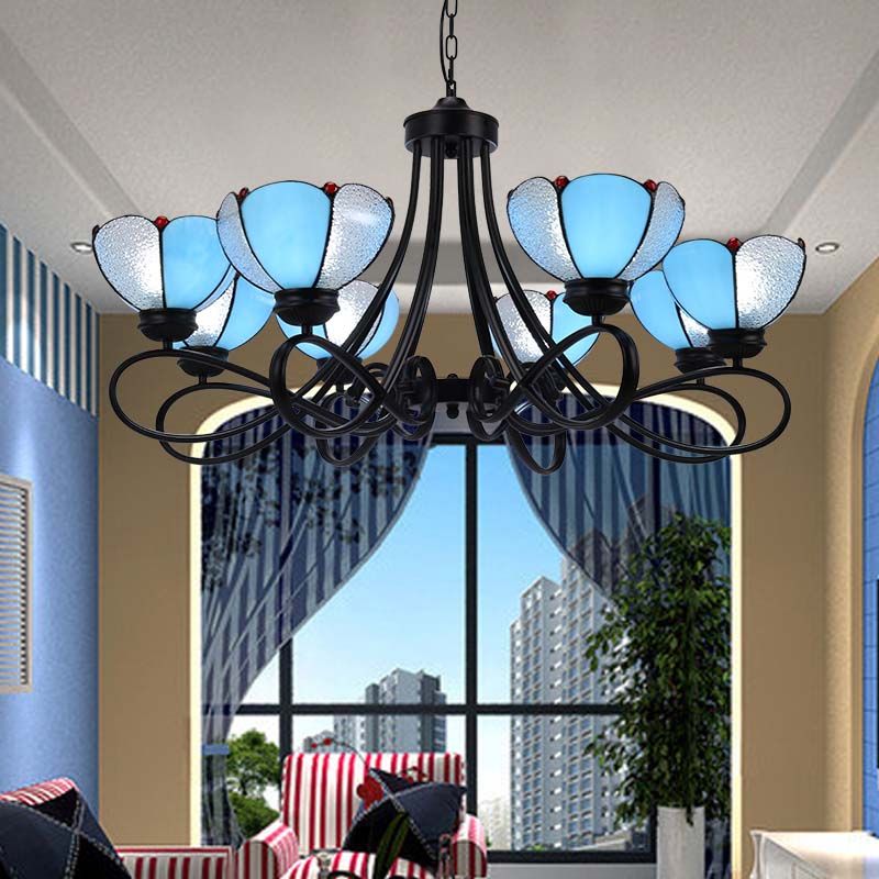 3/5 Lights Scalloped/Cone Hanging Chandelier Baroque White/Yellow/Beige Glass Suspension Lighting for Living Room with Curved Arm