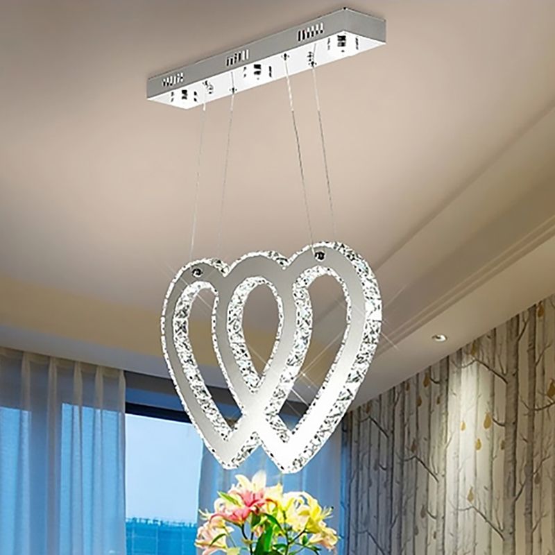 Luz de araña de araña de doble corazón modernista LED colgante de LED en plata para mesa de comedor