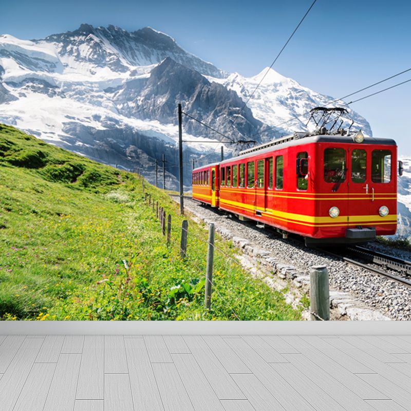 Onrushing Train Mural Decal Light Color Industrial Wall Covering for Living Room