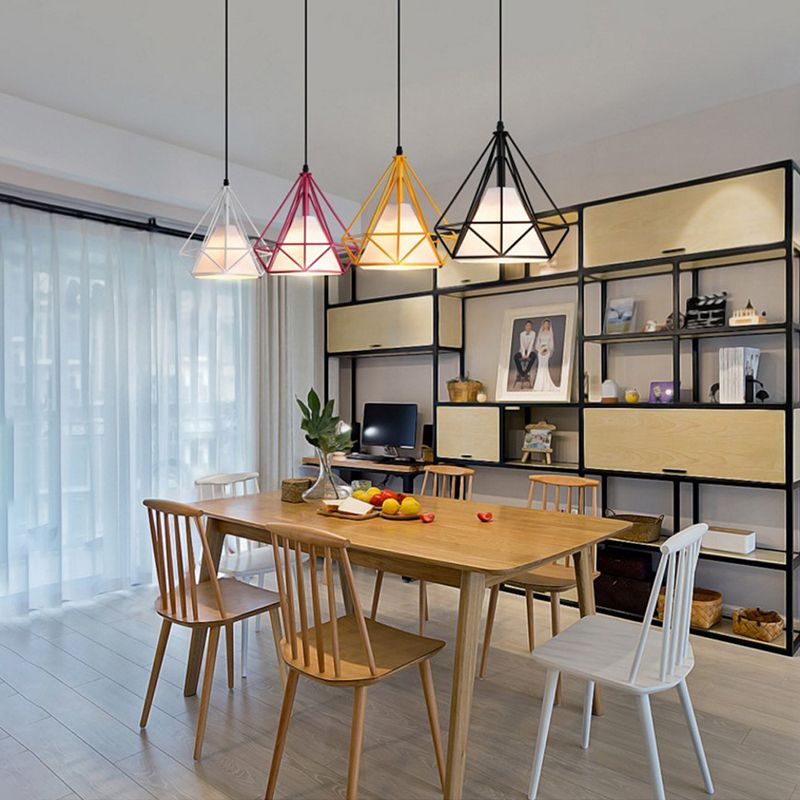 4-Color Optional Metal Cage Hanging Light Single Bulb Diamond Shaped Bedroom Lighting Fixture