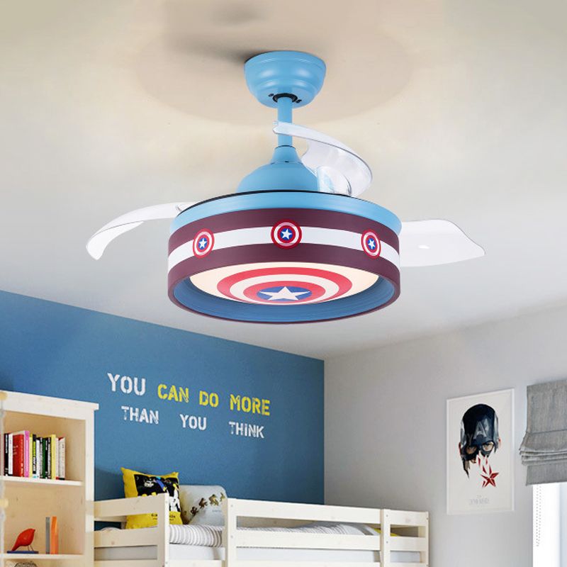 Roze/blauw ronde 3 bladen semi -flush light kids led metallic hangende plafondventilator lamp met heldenschildpatroon, 36 "breed