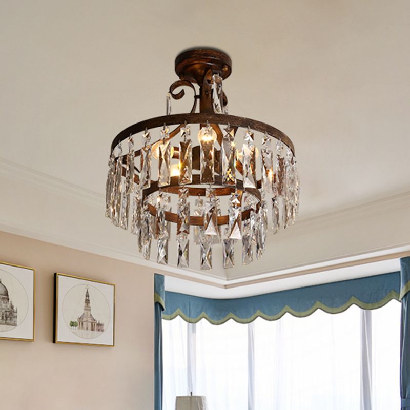 5 Heads Semi Flush Light Vintage Drum Crystal Flute Close to Ceiling Lighting Fixture in Black