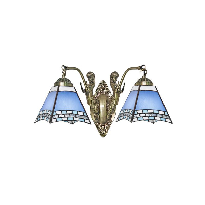 Blue 2-Light Wall Mount Light Mission Style Hand Cut Glass Swallowtail Wall Lighting with Mermaid Arm for Bedroom