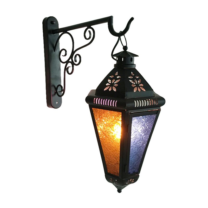 1 Bulb Iron Sconce Lamp Art Deco Blue/Black Cone Balcony Wall Mount Ceiling Light with Colorful Glass Shade
