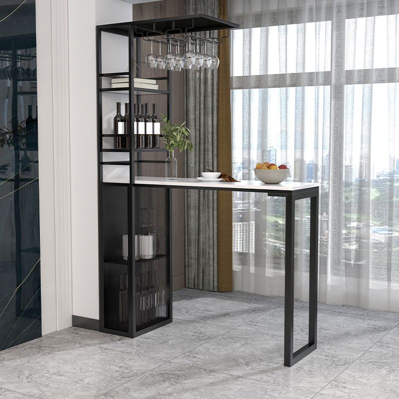 Stone Bar Dining Table Glam Rectangle Bar Table with Double Pedestal for Porch Balcony