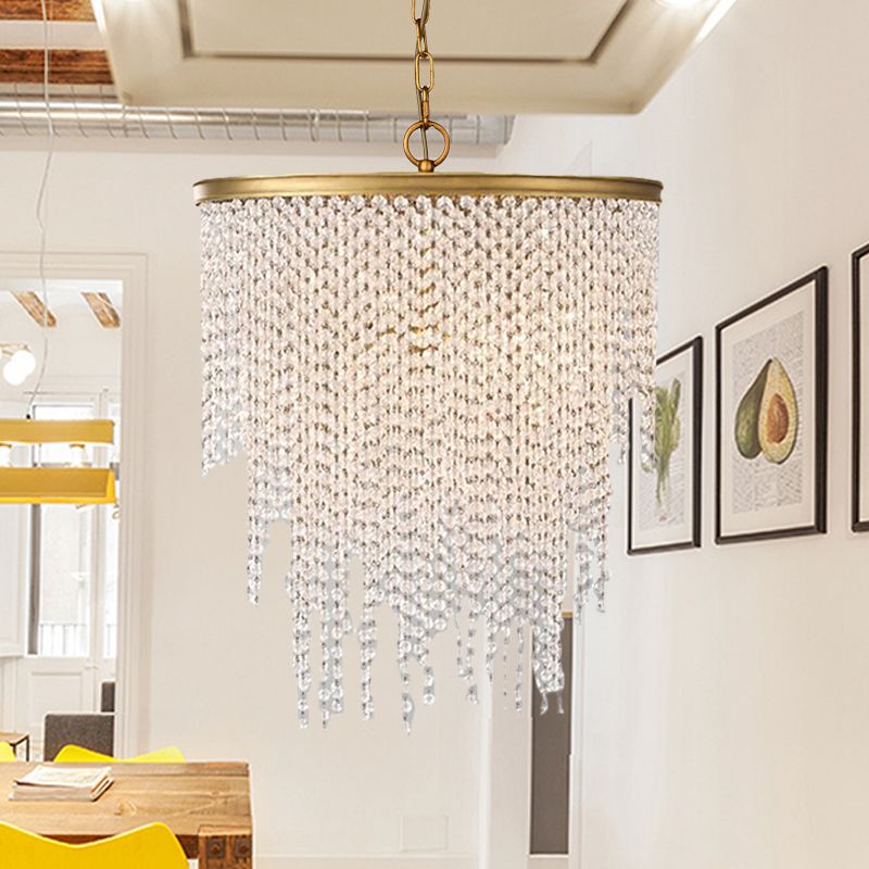 5/6 Lights Waterfall Chandelier Light Rural Brass Crystal Suspension Pendant for Bedroom