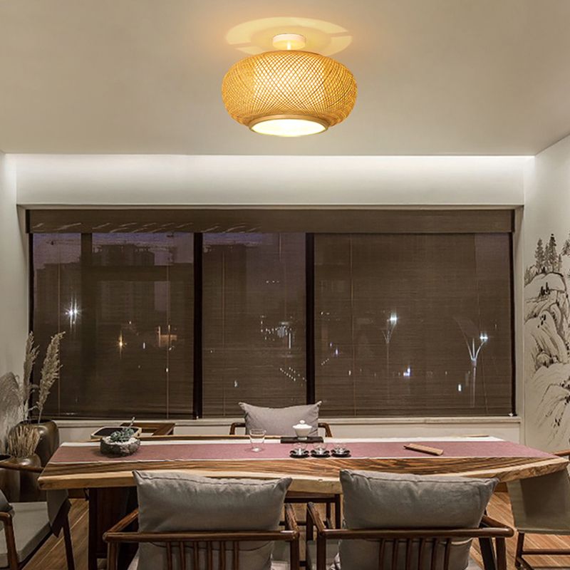 Luminaire rond en bambou pour montage au plafond, semi-encastré beige d'Asie