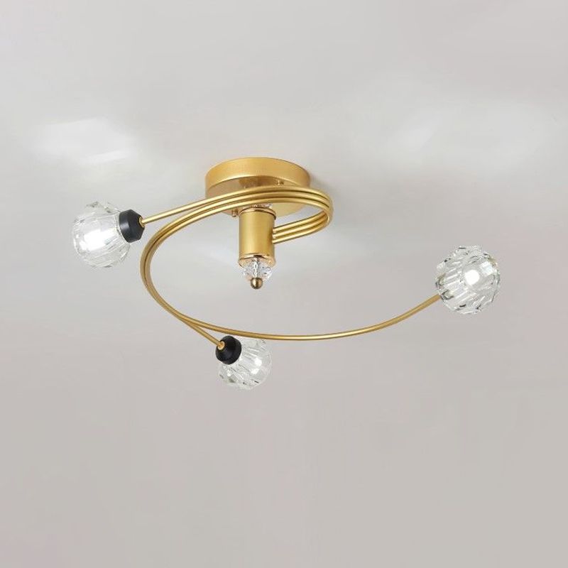 Gold Spiral Semi Flush Lighting Nordic 3/5 Lichter Deckeneinbau mit Orb Klar/Milch/Weiß Glasschirm