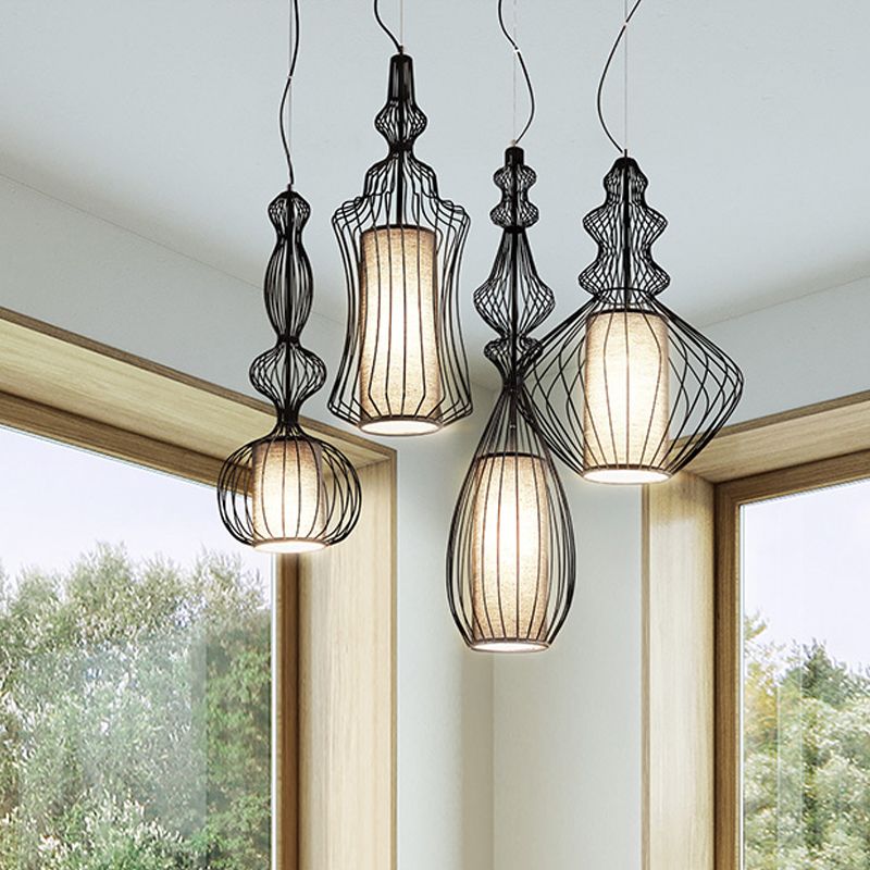 Black Wire Cage Pendant Lamp with Fabric Shade Retro Industrial Metal 1 Light Dining Room Hanging Light