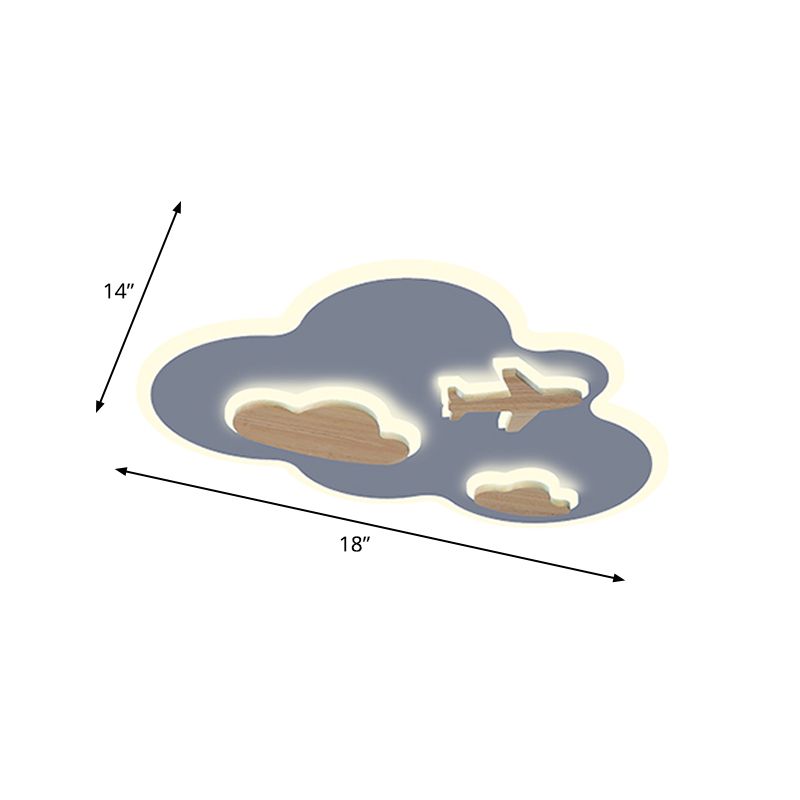 Flight In Clouds Ceiling Flush Mount Cartoon Acrylic Blue and Wood LED Flush Light Fixture