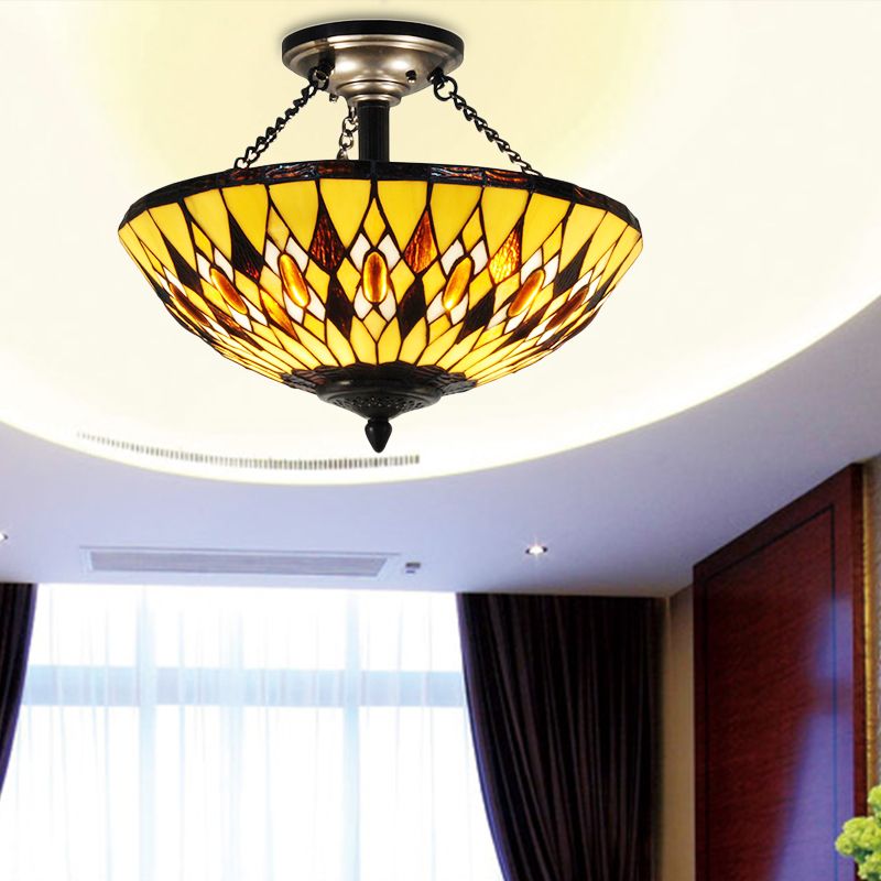 Ciotola vintage Tiffany lampadario colorato in vetro giallo invertito la luce sospesa per sala da pranzo