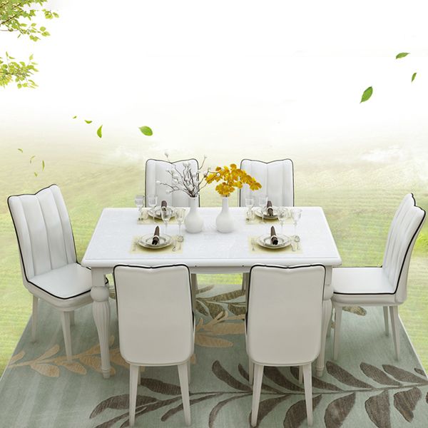 Modern White Rectangular Glass Top Dining Table with Solid Wood Legs