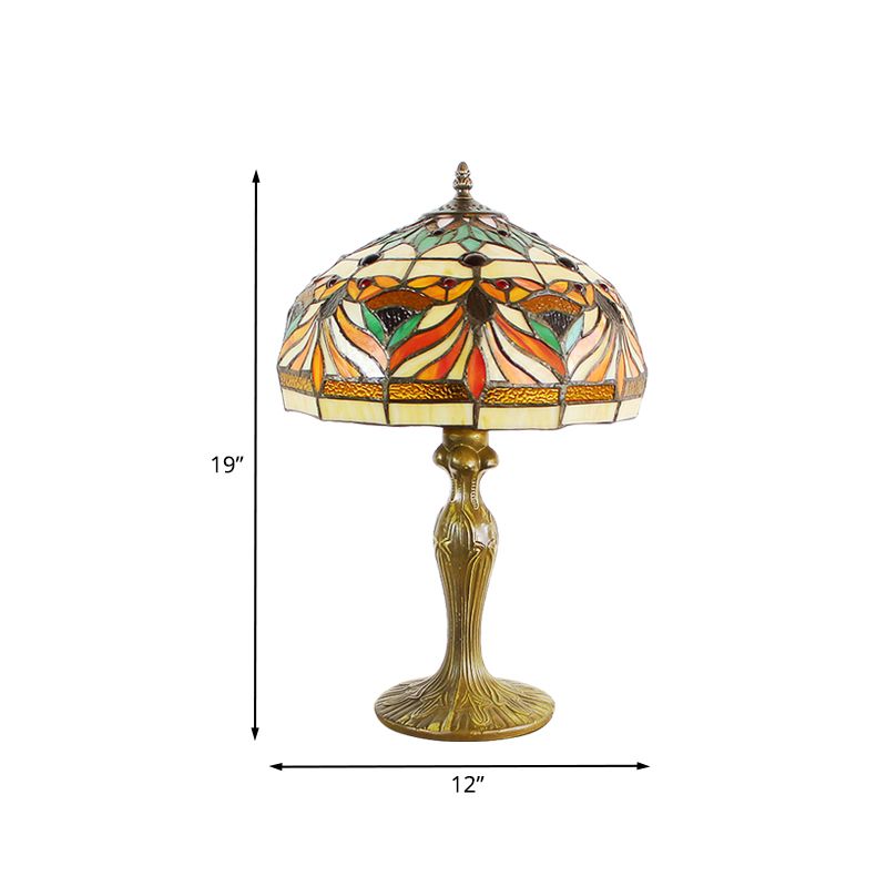 Dome Shade Cut Glass Nightstand Light Victorian 1-Bulb Bronze Night Table Lamp with Fish Pattern