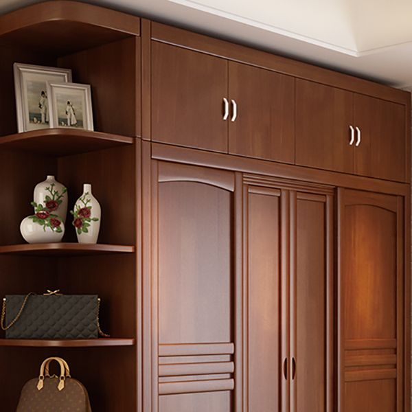 Rubber Wood Frame Wardrobe Freestanding Wardrobe Armoire with Shelves and Clothes Rail