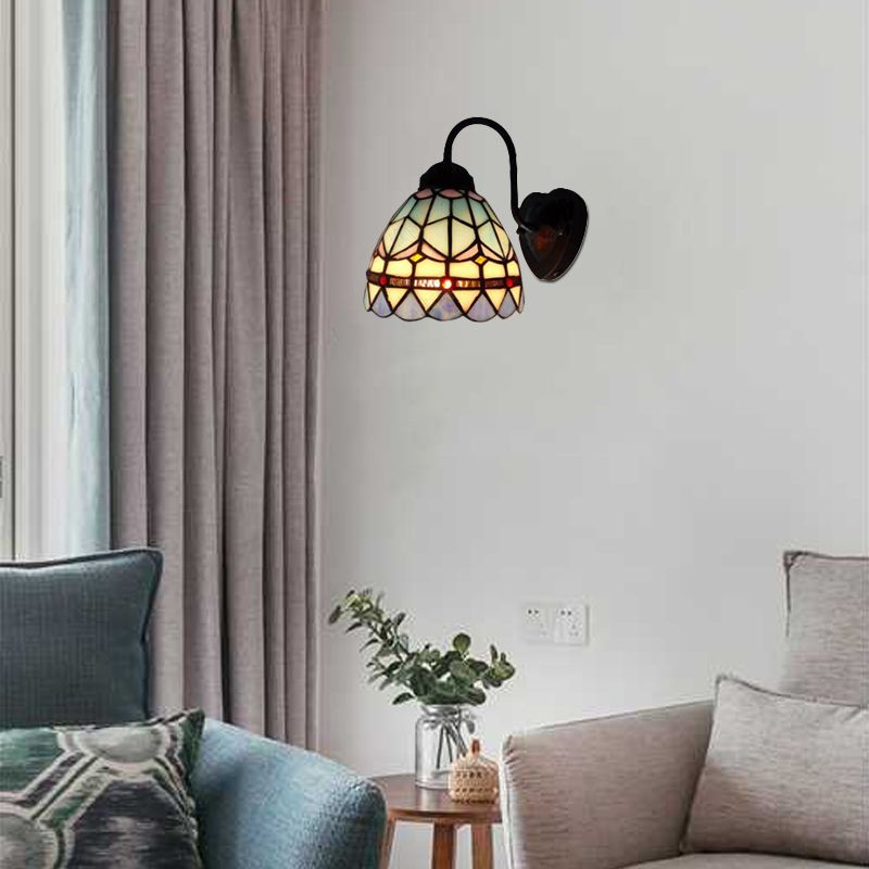 Dome Blue Glass Sconce Light Fixture Baroque 1 Head Black Wall Mounted Light for Living Room