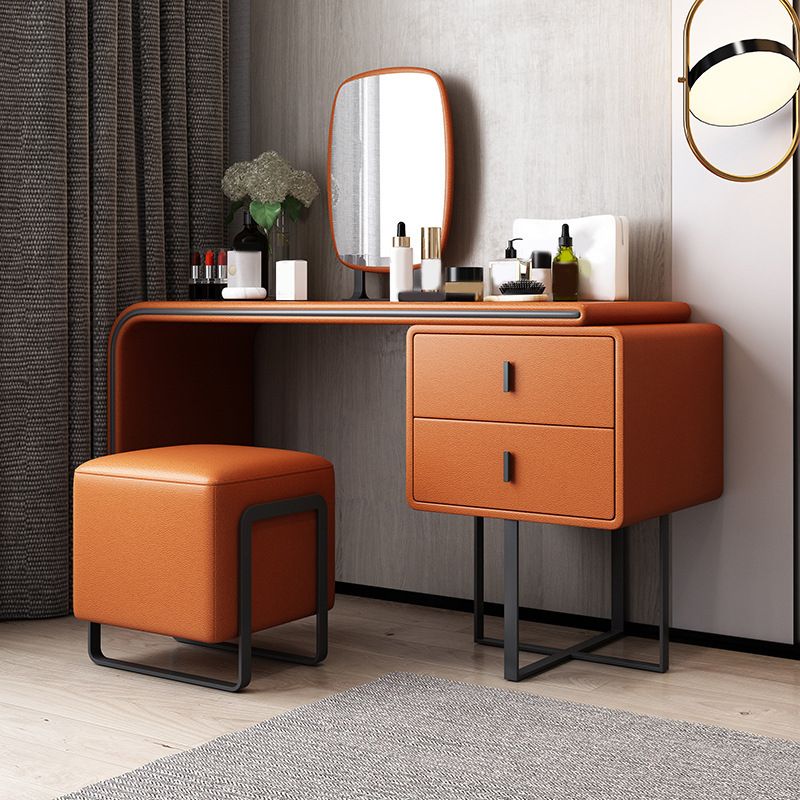 Faux Leather Vanity Makeup Dressing Table Set with Stool & Mirror - 39.37" W