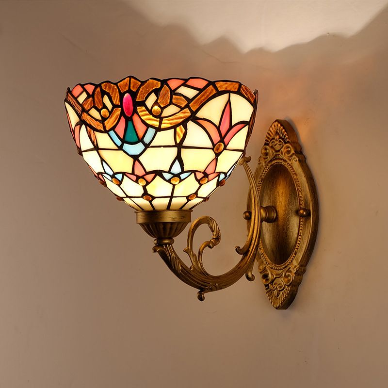 Gold Domed Wall Mount Lamp Baroque 1 Head Stained Glass Wall Sconce with Swirled Arm