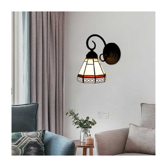 Glass Cone Sconce Light with Curved Arm 1 Bulb Tiffany Classic Wall Sconce in Beige for Dining Room