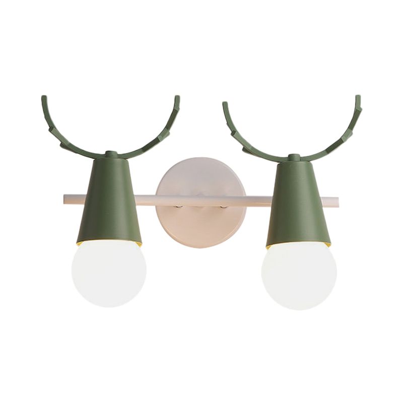 2 Heads Cone Wall Light with Antlers Contemporary Metal Wall Sconce for Study Room